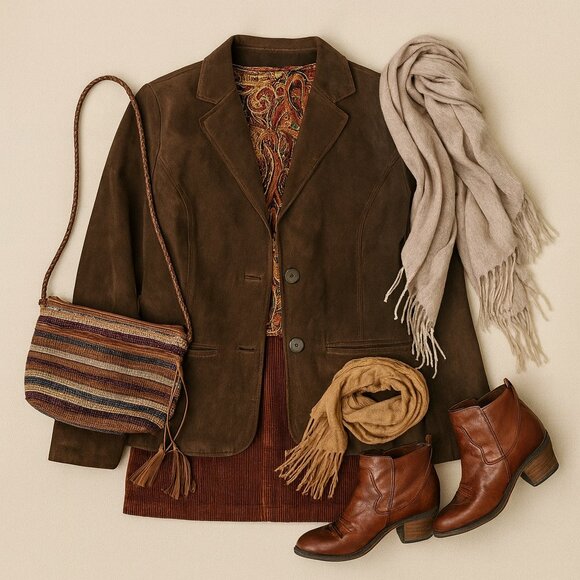 100% Suede Leather Blazer Jacket Chocolate Brown Petite L – Y2K Style Classic - Picture 1 of 11